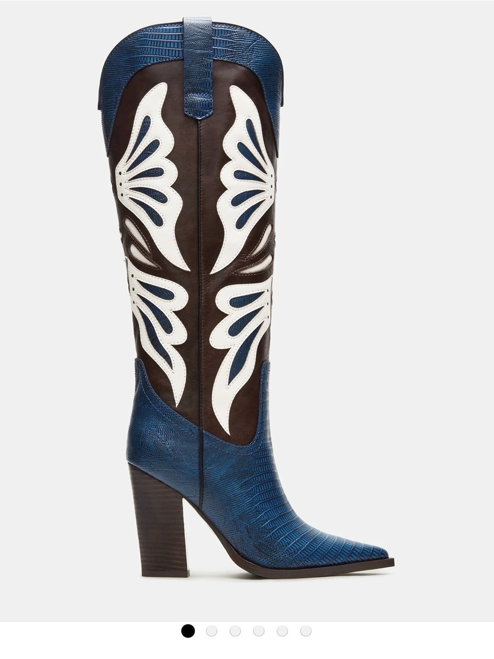 Steve Madden Blue and Brown Western Knee-High Leather Boot with White Inset